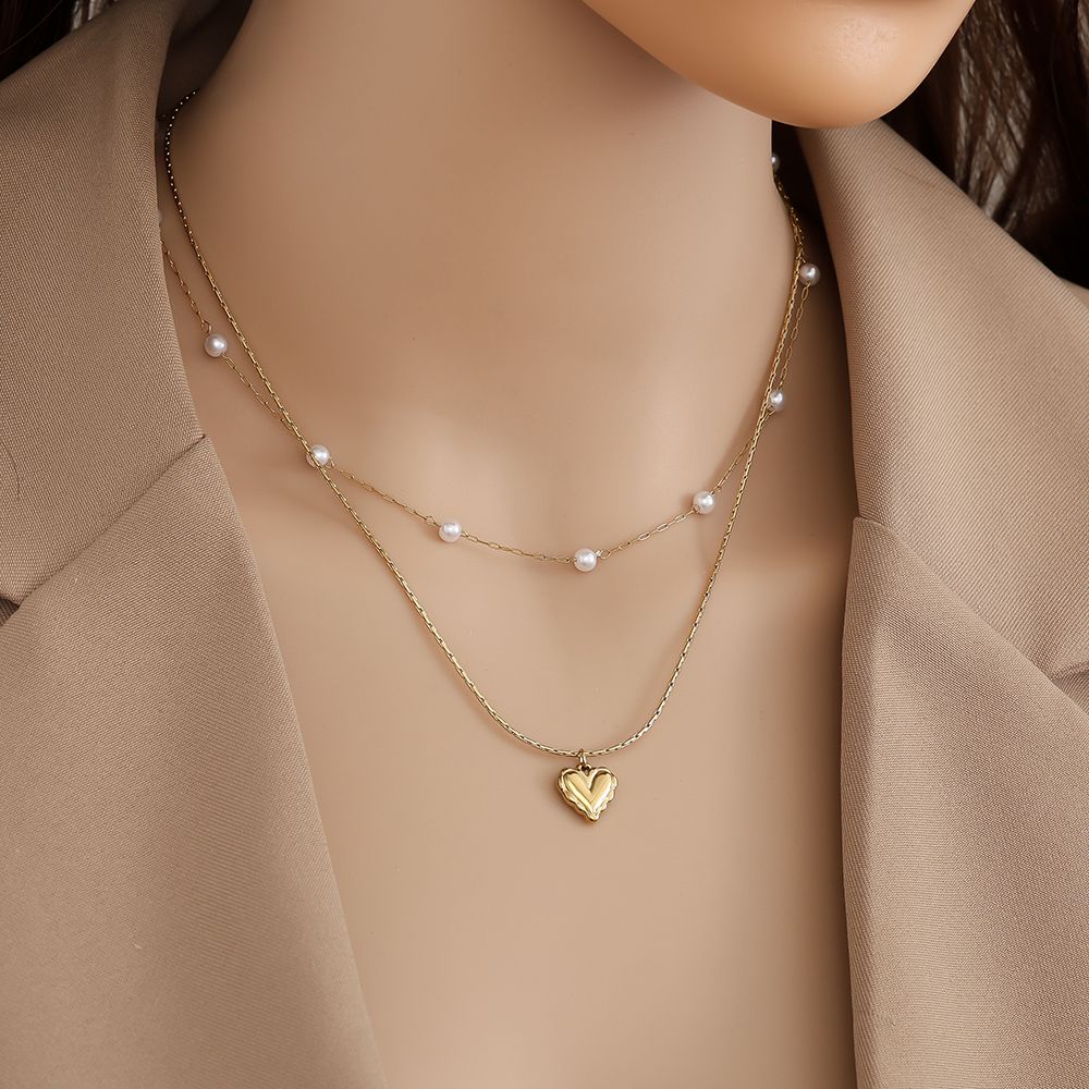 46cm Two Layer Pearl And Heart Halskette 14K vergoldet