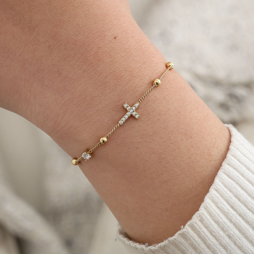 17cm Nice Diamond Cross Armkette 14K vergoldet