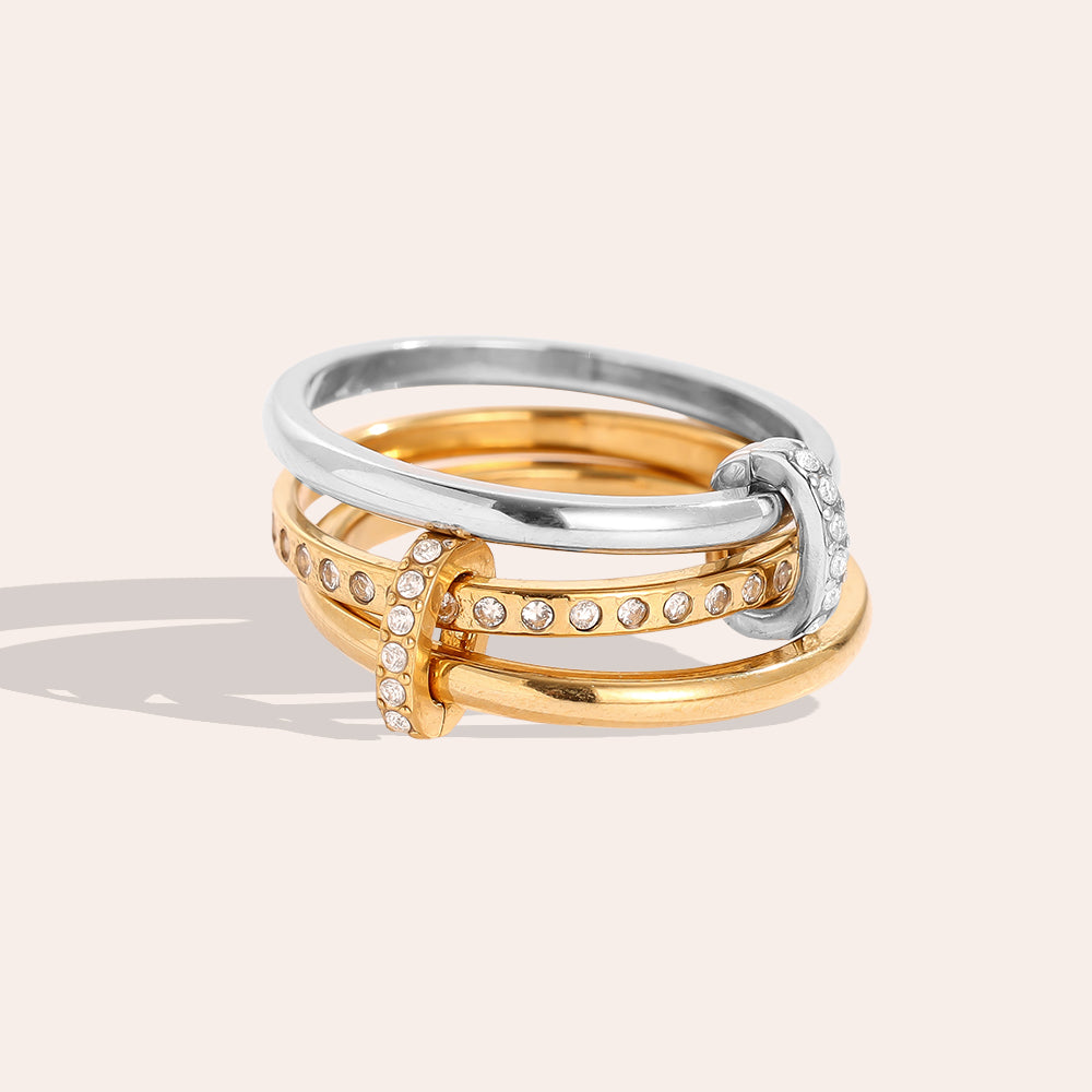 Three Layer Gold And Silver Diamond Ring With Lock 14K vergoldet
